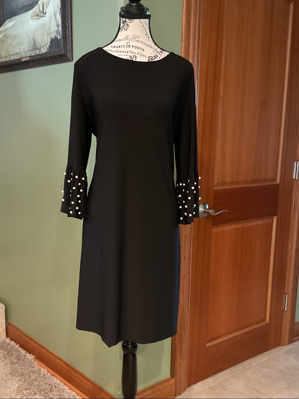 Tiana B. Black Long-Sleeve Dress with Pearl-Embellished Bell Cuffs, Size 16
